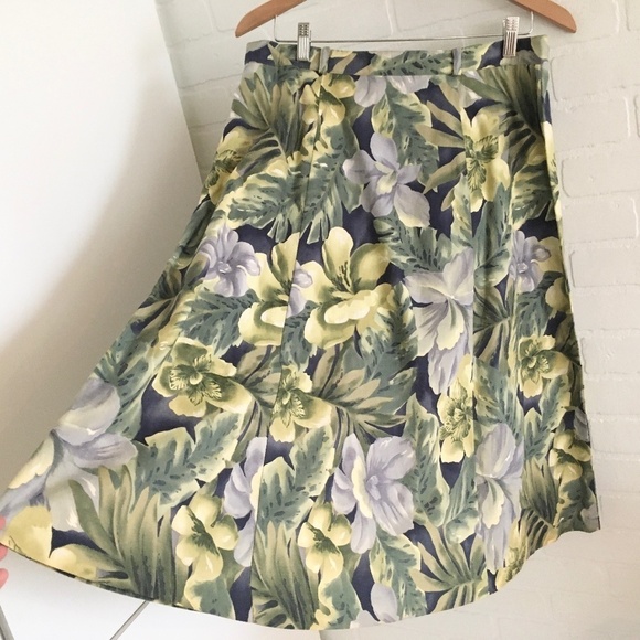 NWOT Vintage Midi Skirt Floral Tropical Leaves Print Button down Blue Cream 16 - Picture 6 of 9
